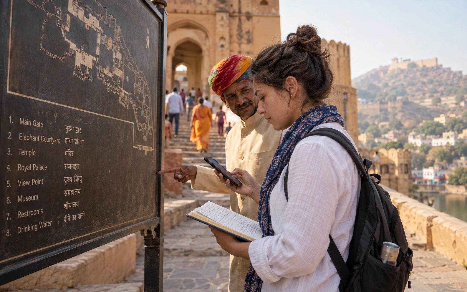 Travel researcher checking visitor information with a local guide at an Indian heritage site