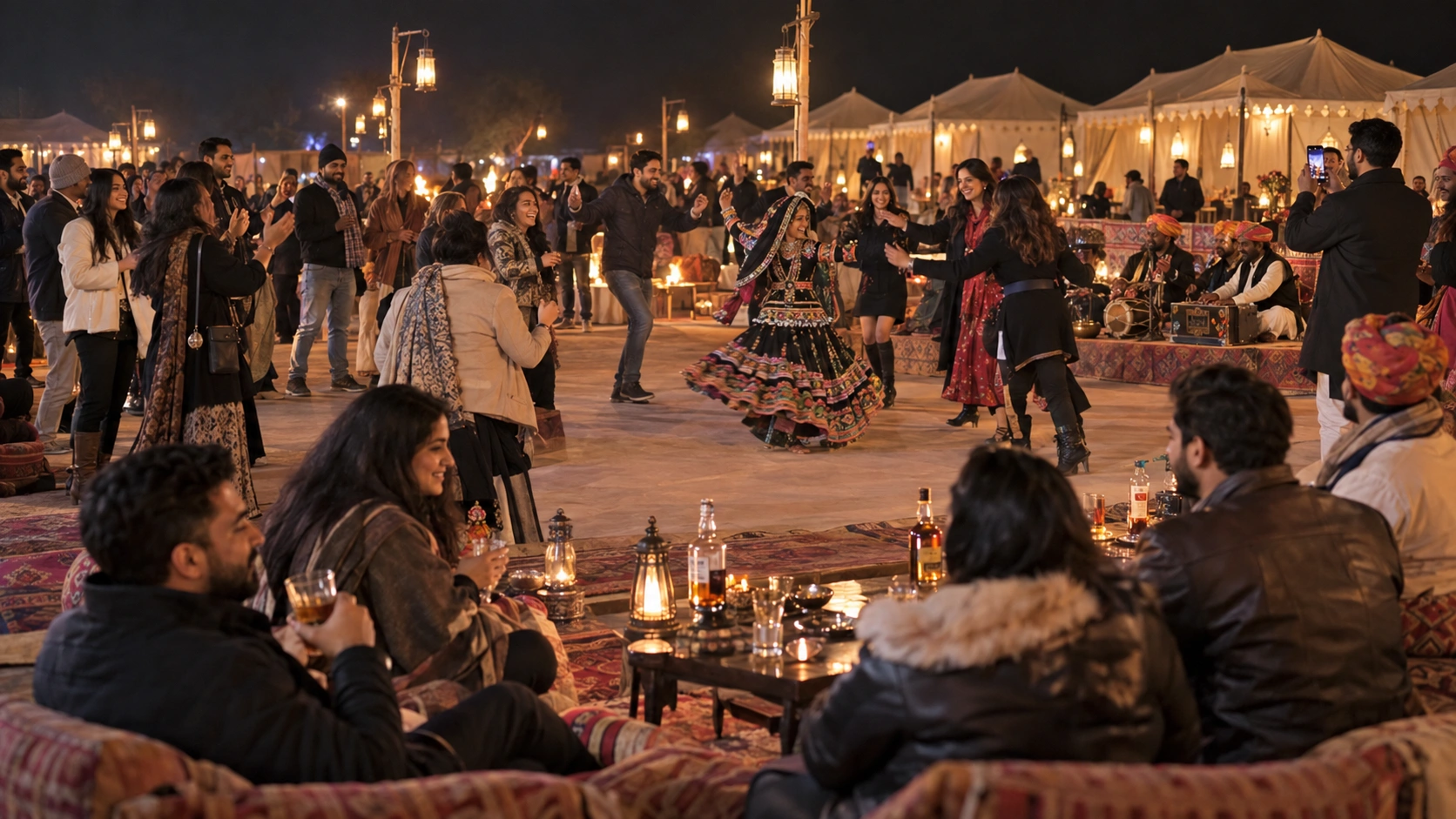 Group travellers enjoying Rajasthani folk dance at a Sam desert camp near Jaisalmer