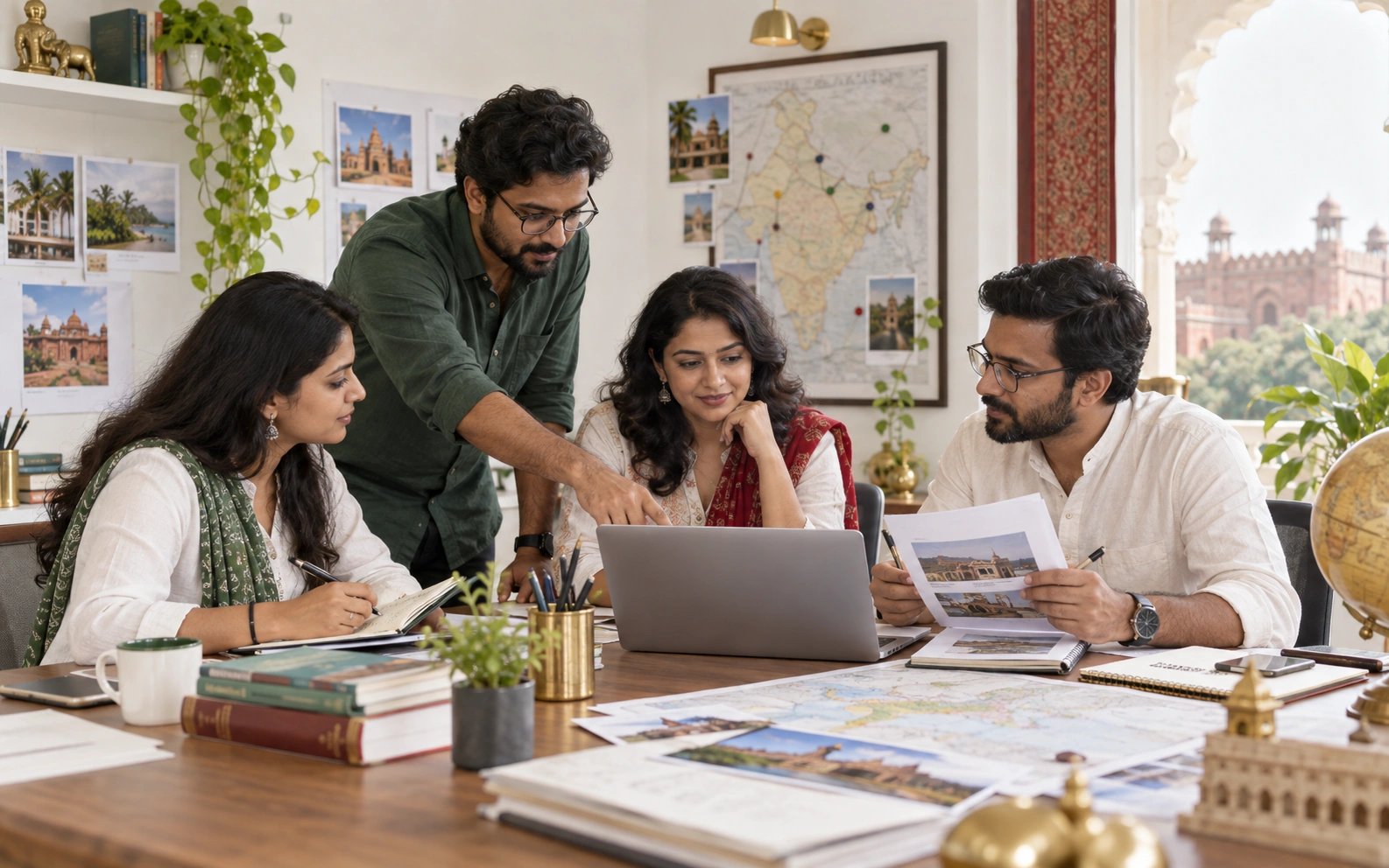 Indian travel editorial team reviewing destination information and journey materials together