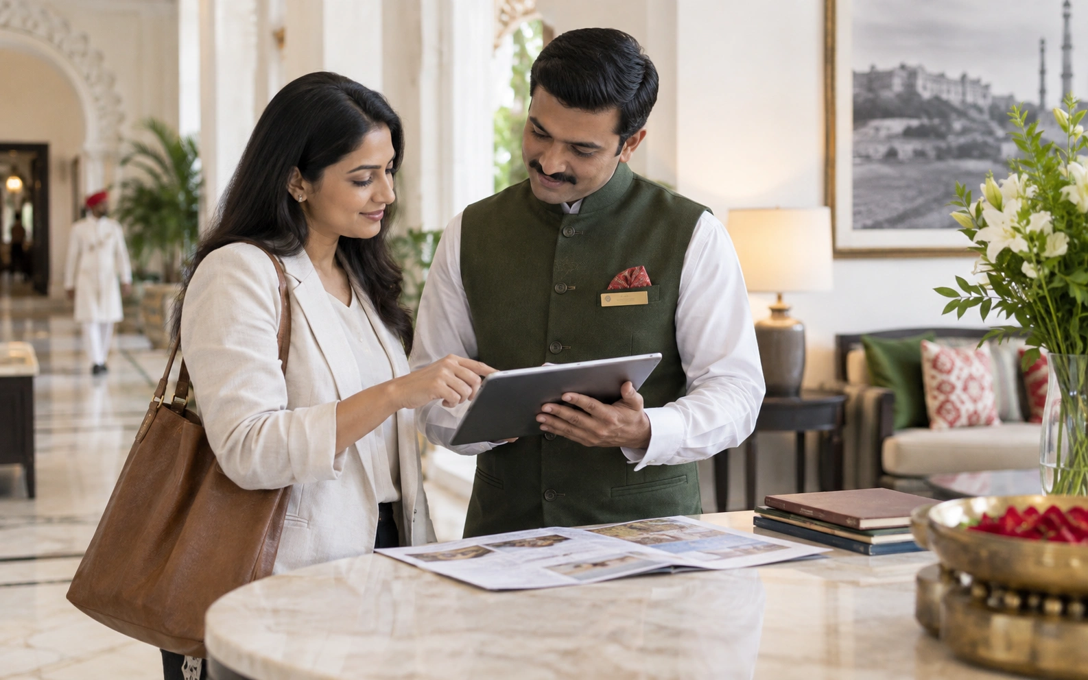 Indian travel professional and hospitality partner reviewing guest service information at a hotel