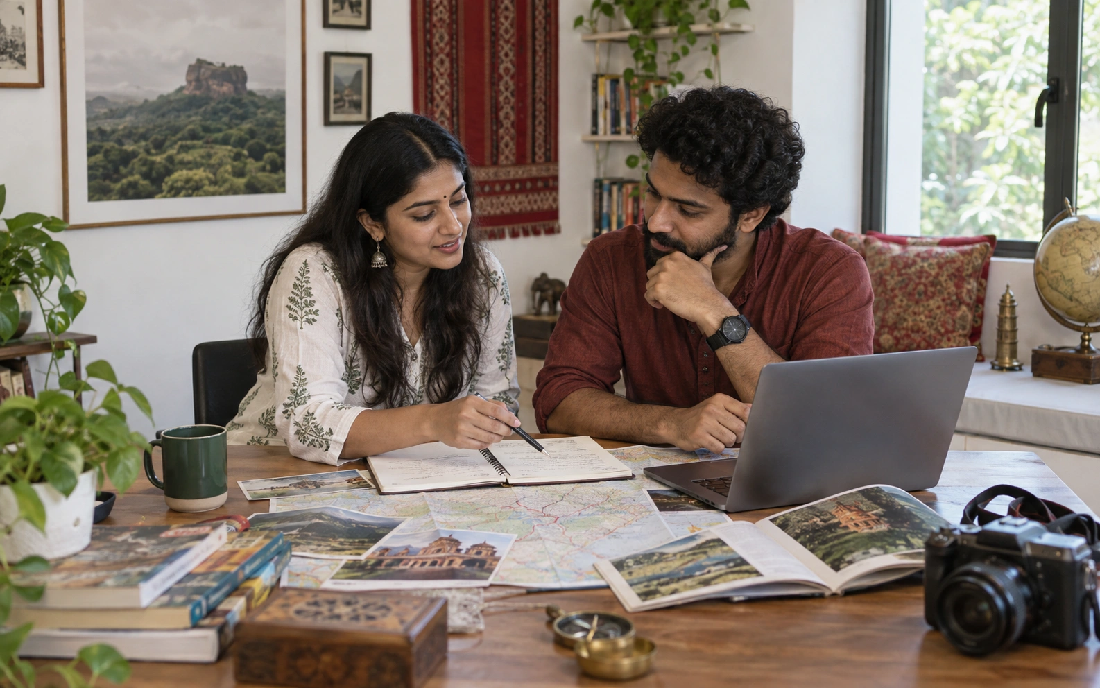Indian travellers reviewing a personalised travel plan with maps journey notes and a laptop