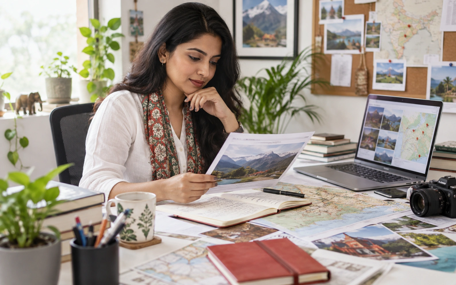Indian travel researcher comparing destination research, maps, field notes and published information