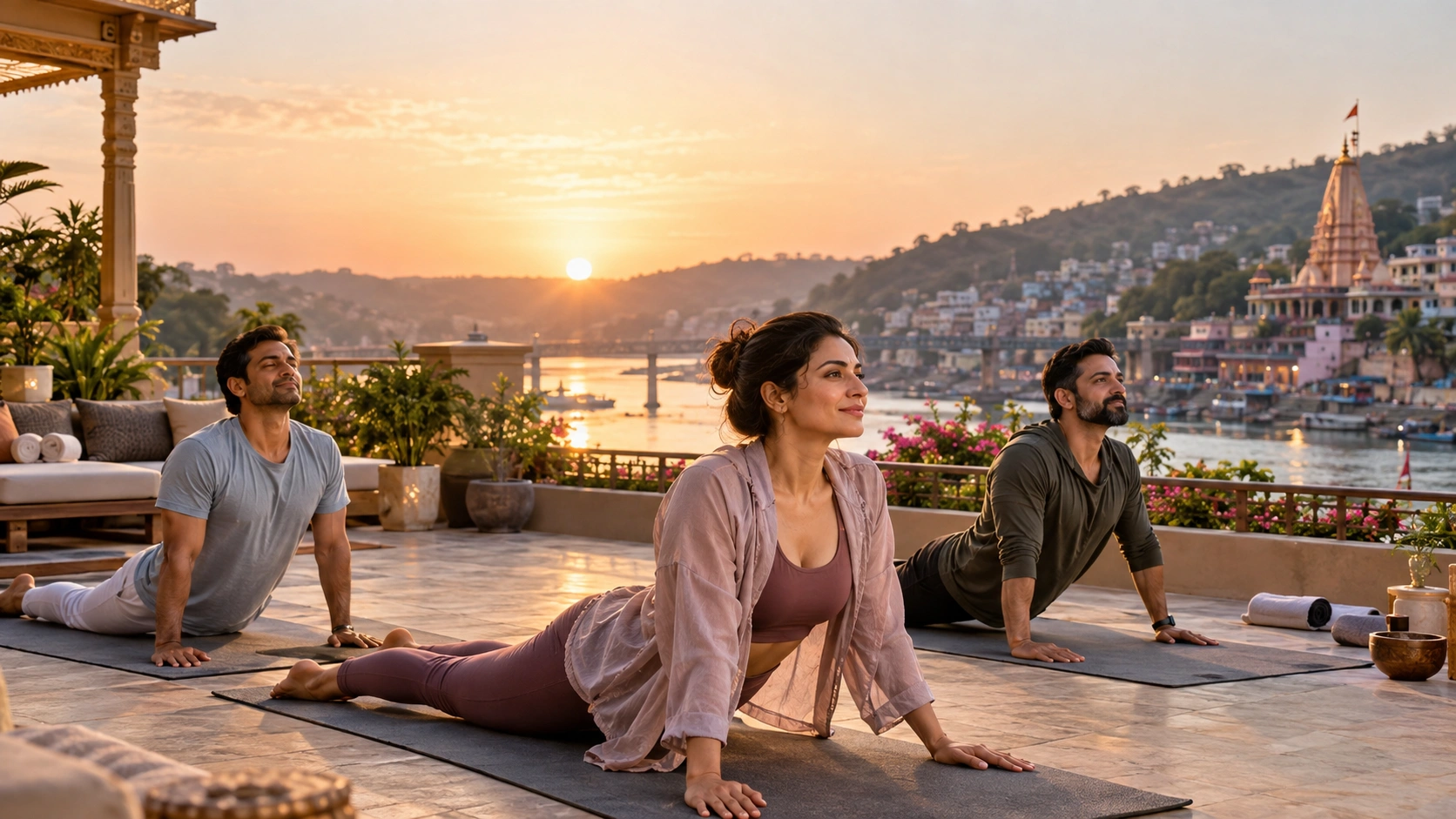Indian travellers doing yoga beside a peaceful river