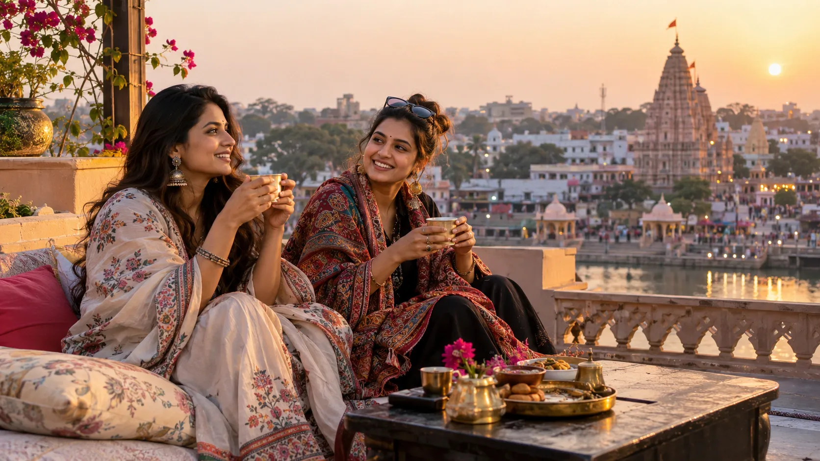 Friends sharing tea and conversation during a meaningful journey