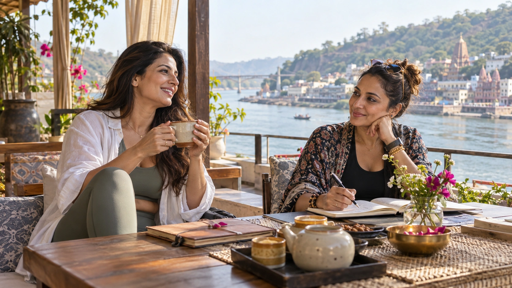 Two women talking and journaling over tea on a relaxed riverside journey