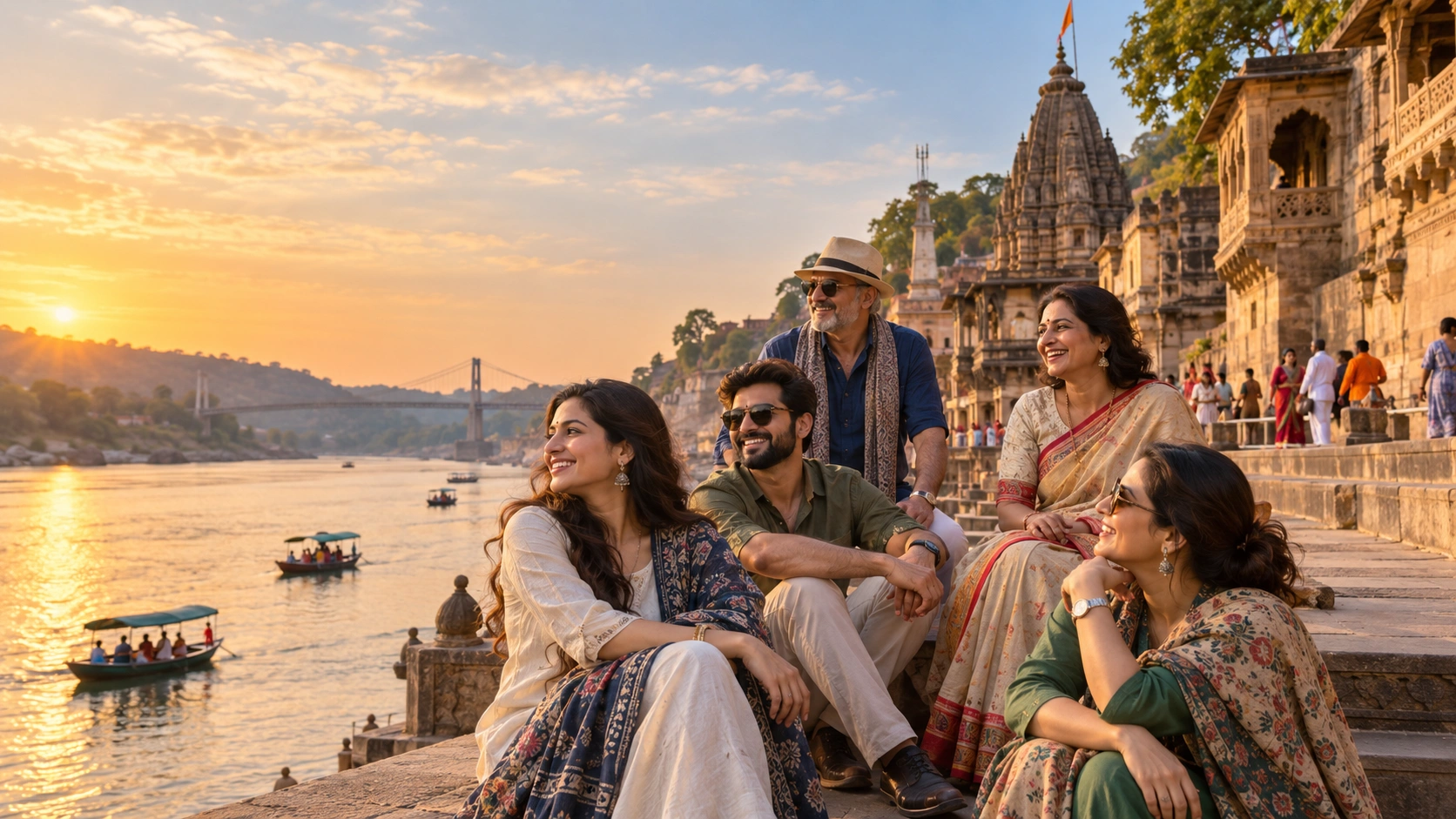 Indian travellers beside the Narmada during an Omkareshwar Ujjain tour package