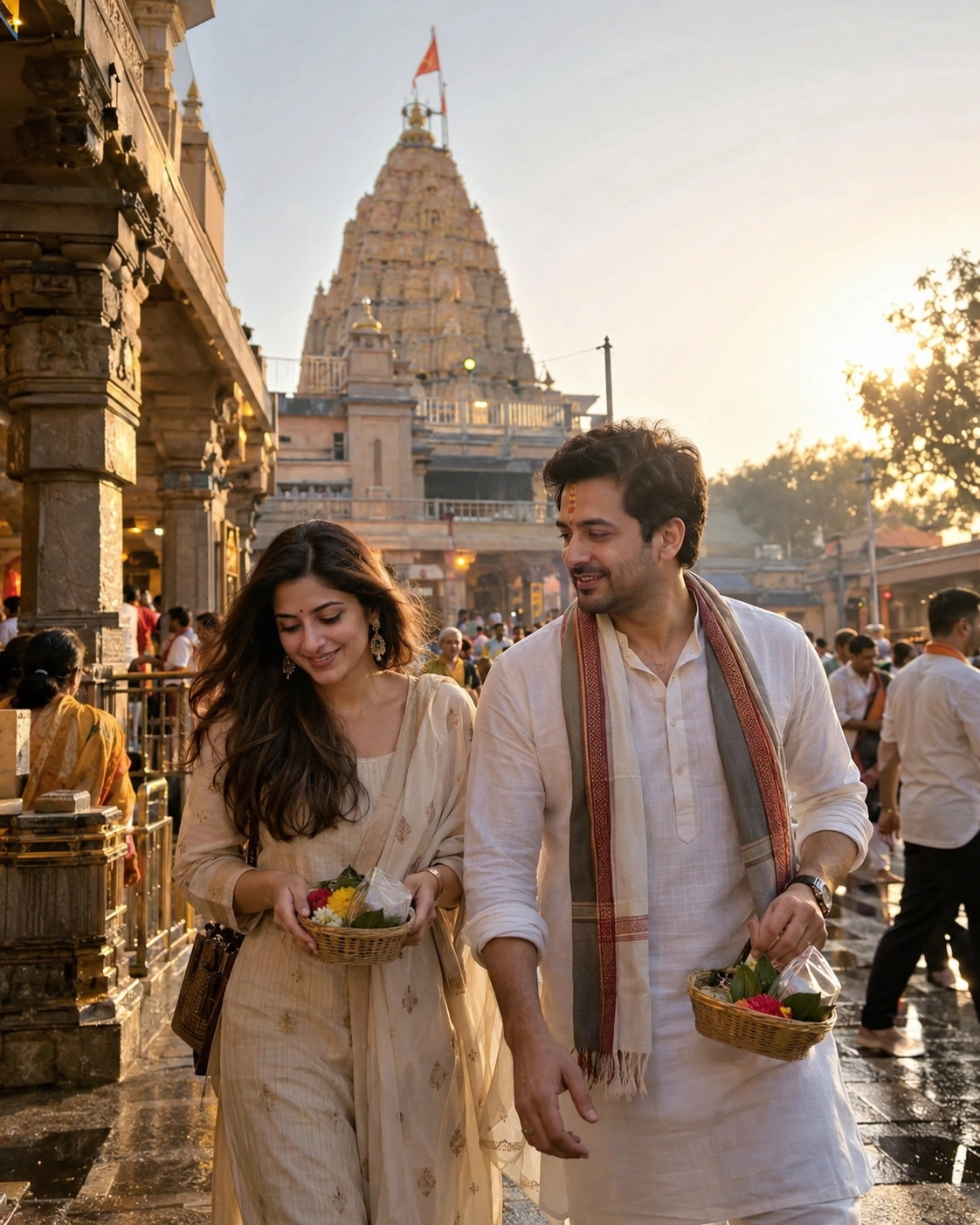 Indian couple carrying puja offerings during an Ujjain Mahakal temple trip