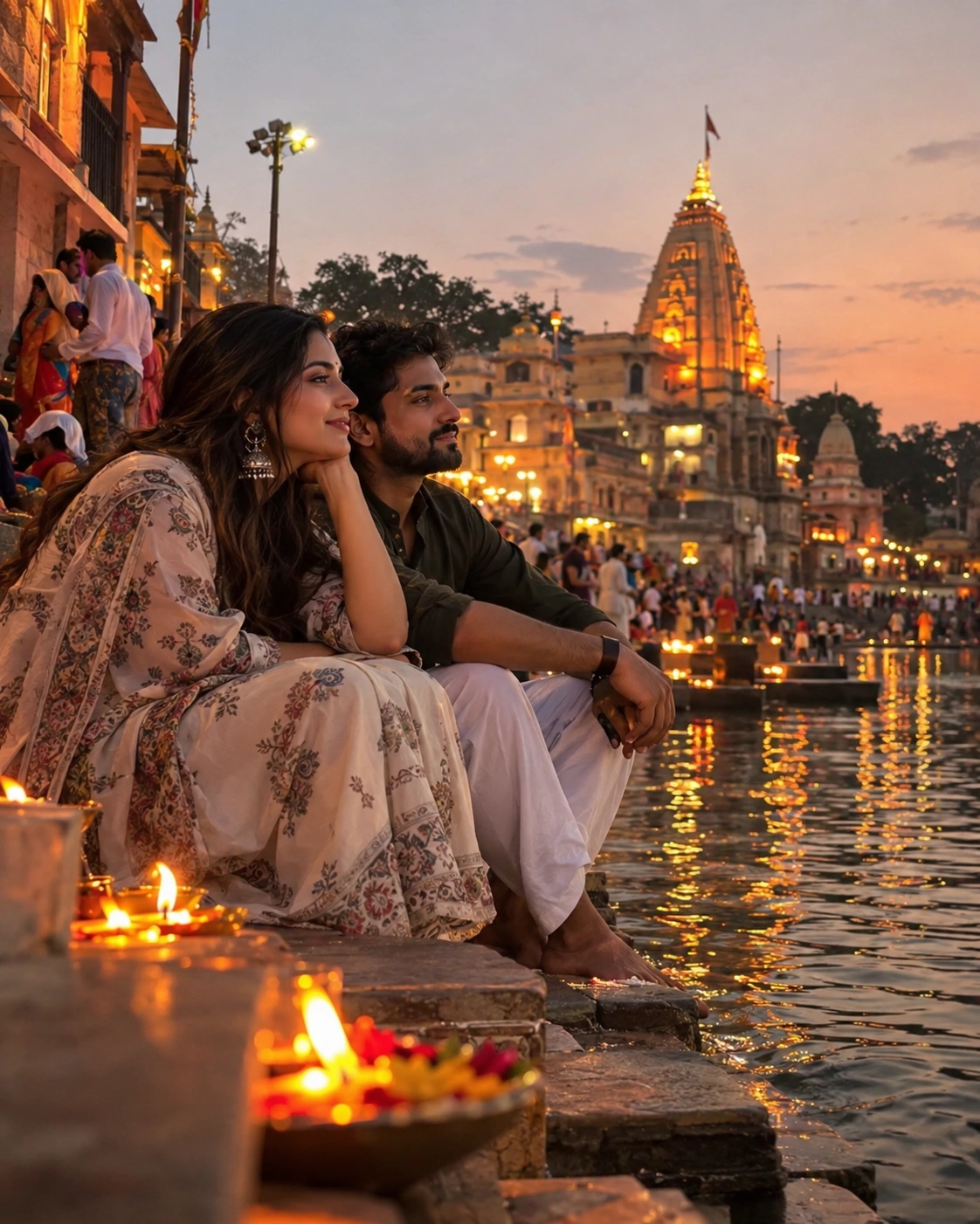Indian couple sharing a quiet evening during an Ujjain Mahakal trip