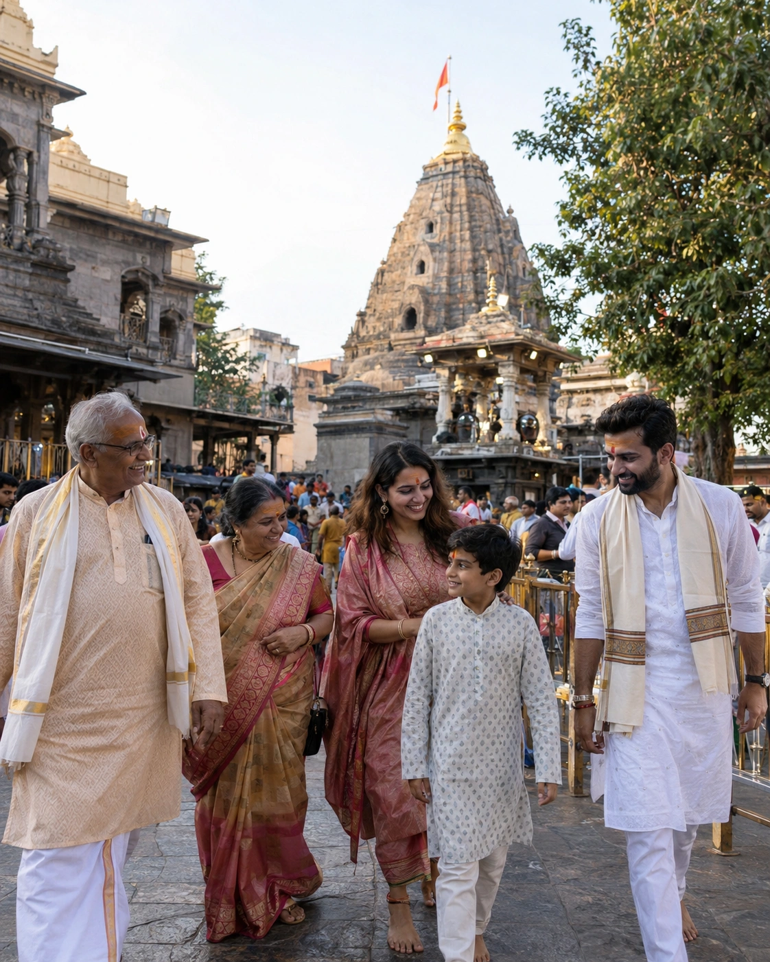Multigenerational Indian family travelling together during an Ujjain Mahakal pilgrimage