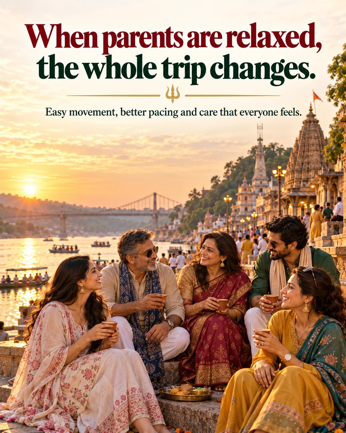 Adult children travelling comfortably with parents during an Ujjain temple tour