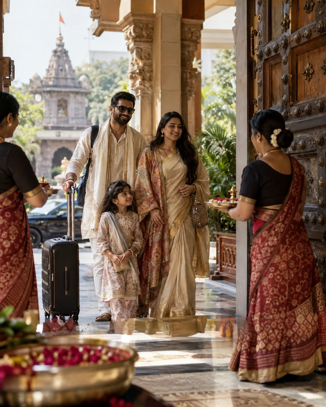 Indian family arriving for a comfortable Ujjain Mahakal trip with a young child