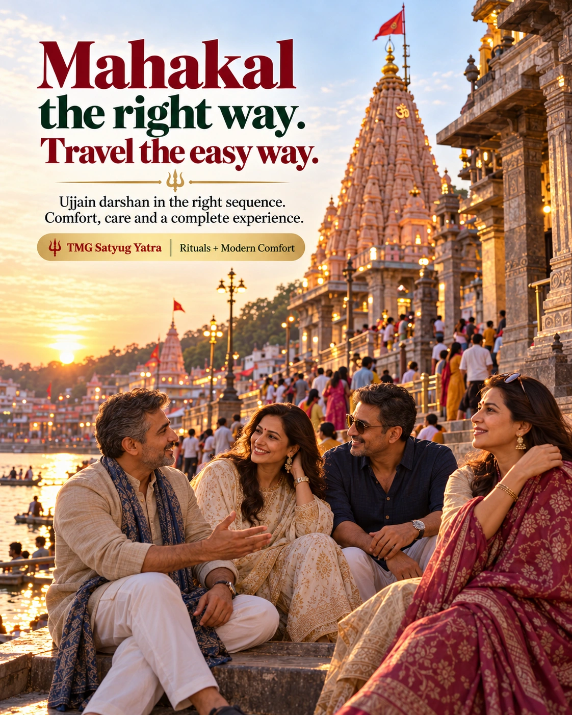 Indian travellers sharing a quiet moment near a ghat during an Ujjain Mahakal trip