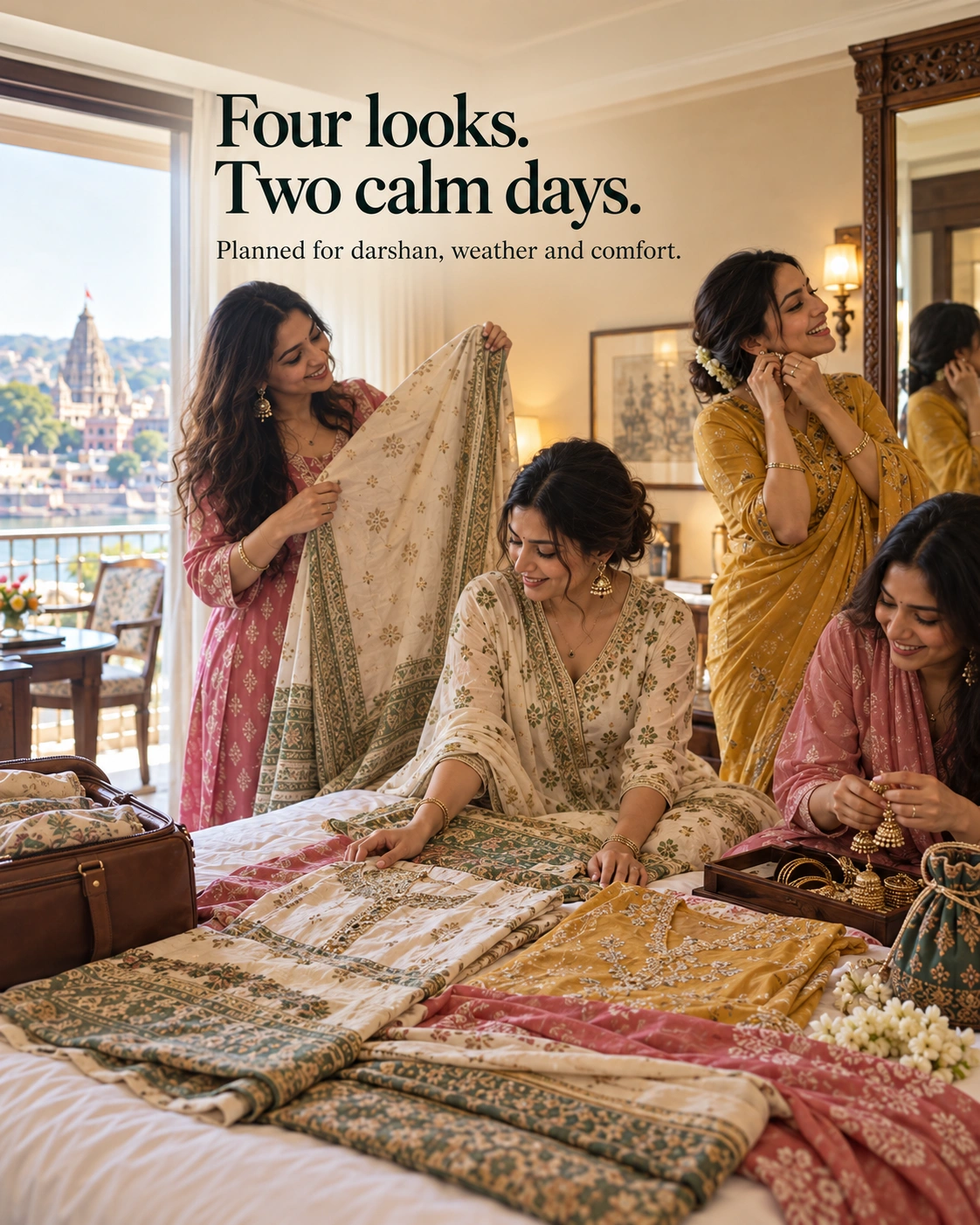 Four outfit looks for women choosing what to wear on a Ujjain Omkareshwar Indore journey