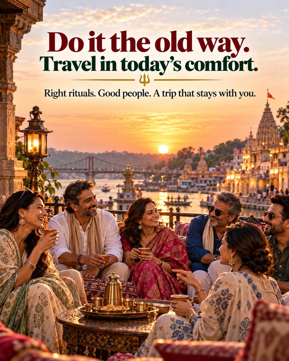 Premium Indian travellers relaxing beside the Narmada on an Ujjain Omkareshwar journey