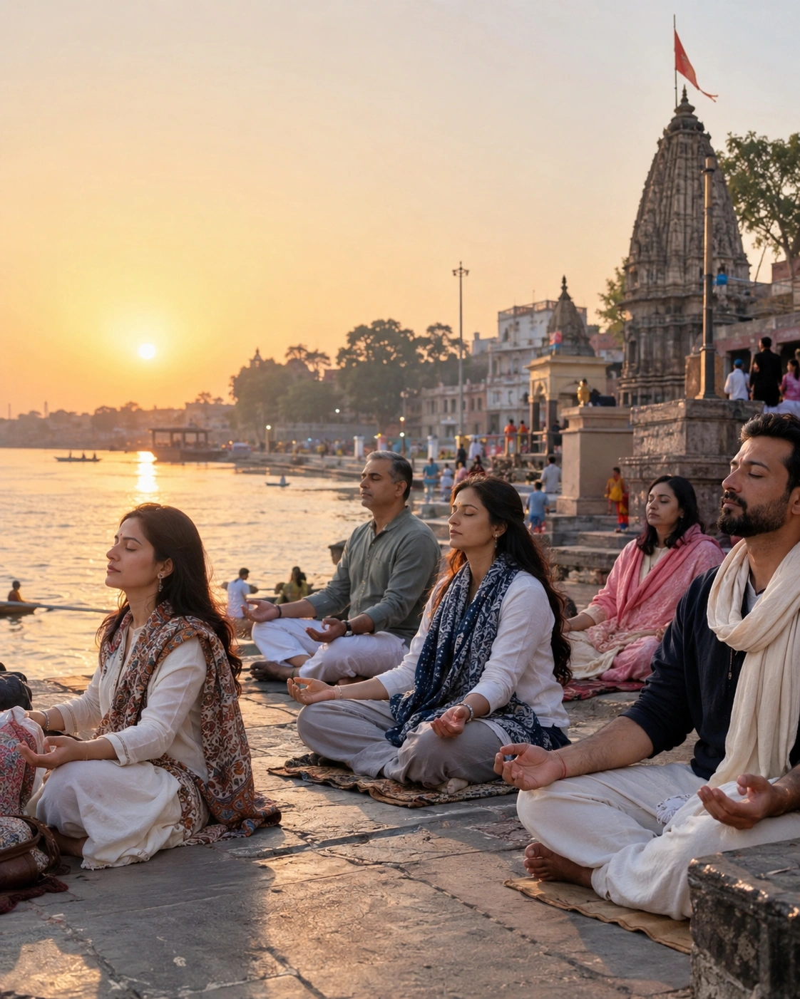 Indian travellers spending quiet reflective time together beside a river ghat during an Ujjain spiritual trip