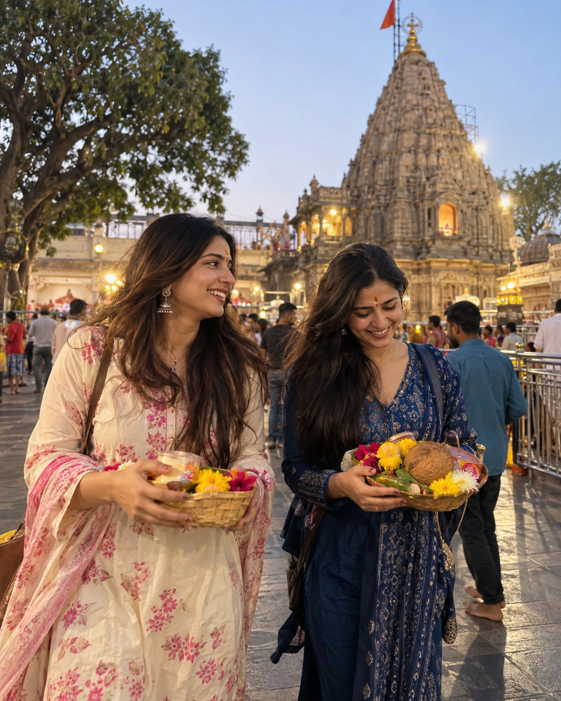 Two Indian women carrying puja offerings during an Ujjain Mahakal temple trip